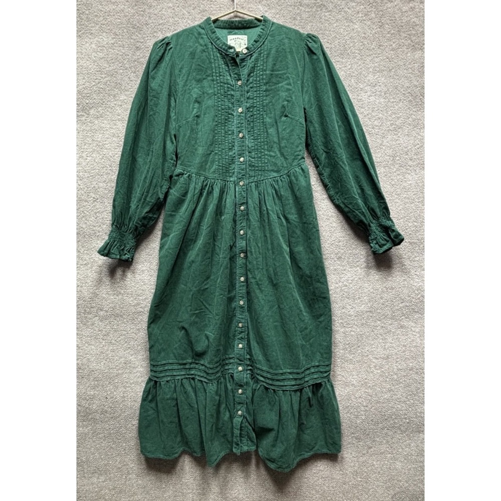 Meadows Corduroy Pintuck Maxi Dress Sz 4 Green Pleated Button‎ Up Cotton Cottage